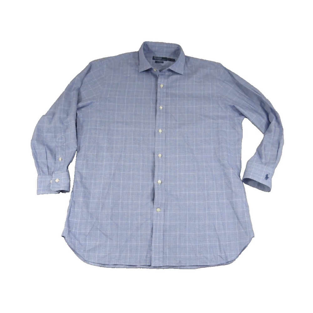 Polo Ralph Lauren Shirt Mens 16.5 L Custom Fit Blue Glen Plaid Check Cotton L/S